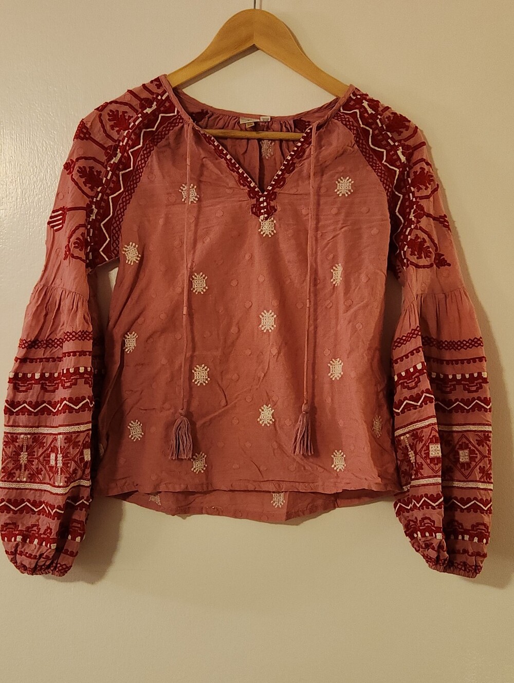 Anthropologie Rose-Pink Embroidered Boho Tie-Neck Blouse